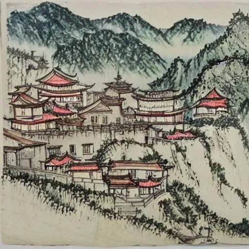 Prompt: Chinese mountain town 1500s watercolor 