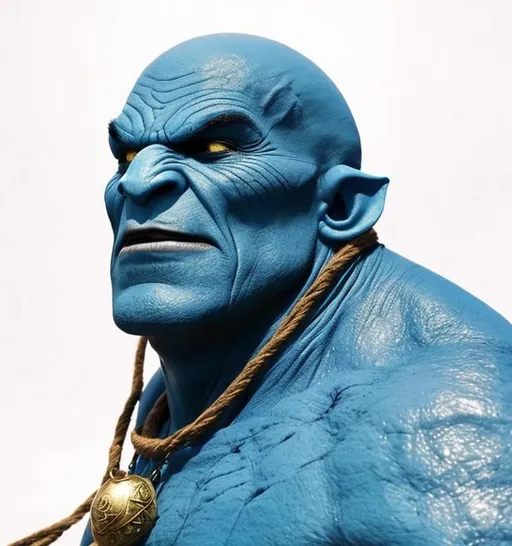 Prompt: Blue man with a rope around his neck and a necklace around his neck, An Orc, Orc, ogre, Orc looking at the camera, Arabian Orc, Orc themed, Menacing Orc, Gollum as a titan, Half Orc, Portrait of an Orc, Elf blue-skinned, elf with blue skin, Orc Warrior, Portrait of an Orc warrior