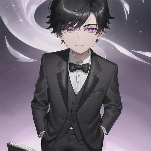 Prompt: 9-year-old boy, smooth tapered black hair, white skin, glowing violet eyes, wears elegant formal clothes, smiles slyly, holds a book with him 