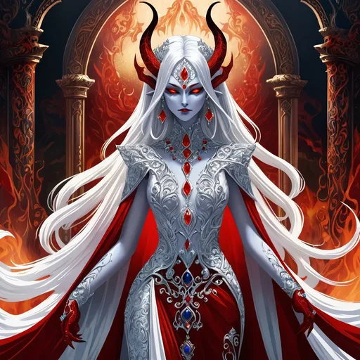 Prompt: Female demon, striking red skin, flowing white hair, adorned in lavish, intricate royal attire, exuding an air of power and elegance, adorned with ornate jewelry and accessories, set against a dramatic, shadowy background, evoking a sense of mystique and allure, high detail, vibrant colors, fantasy realm ambiance.