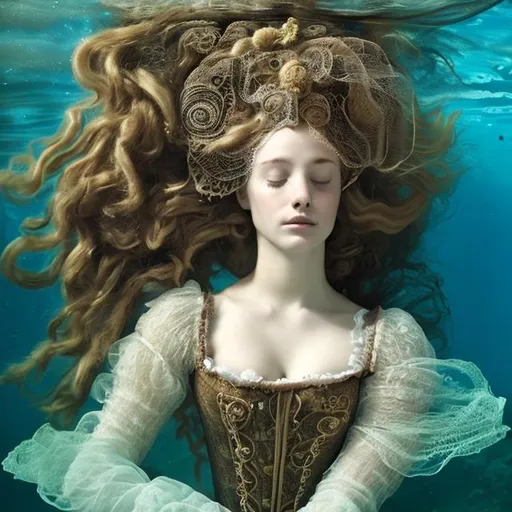 Prompt: woman in 16th century dress underwater sleeping.  hair, elaborate hair, fabric, lace, bubbles.