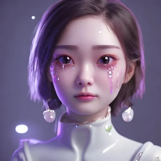 Prompt: Cute lady with tears, AI, glossy skin, 8K, fined features, animated lady