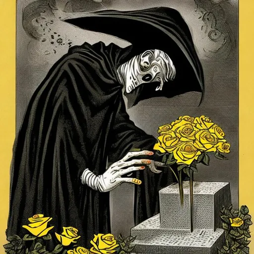 Prompt: a man wrapped in a black cloak and wearing a large black hat and a Greek mask of tragedy, in the act of placing a yellow rose on a grave. Vintage and horror style