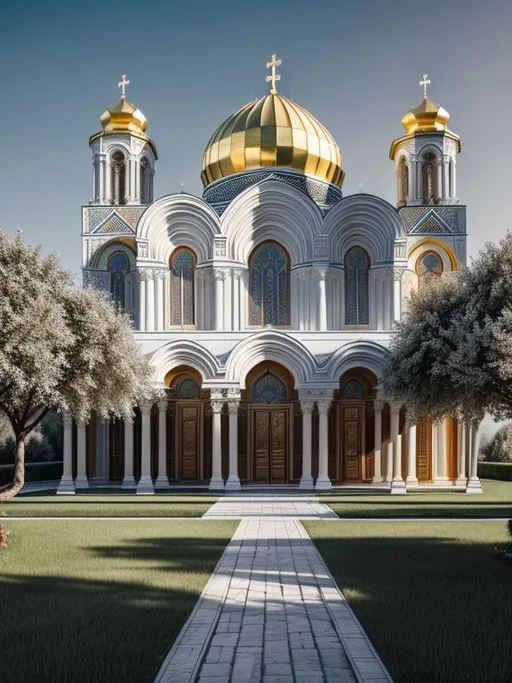 Prompt: Please create the artistic image of Abkhazia as a very beautiful country by designing high-detailed and exquisite classical Abkhazian cultural buildings and high-end masterpiece Abkhazian Christian Orthodox churches following all the main principles of architecture: axis, symmetry, hierarchy, datum, rhythm, balance and proportions. Use UHD engine 5, Octane 3D, hi res 256 K, HDR, fit in frame, reflective, harmony, realistic. Apply stunning background to the image composition: Caucasus Mountains, biologically flawless palm trees and plants, the coast of the Black Sea.