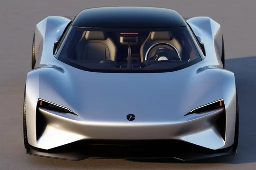 Prompt: A sleek, futuristic sports car takes center stage, showcasing an aerodynamic design with sharp lines and striking contrasts in its silver and black color scheme. The angled headlights are narrow and aggressive, while the large, matte-finished wheels add to its powerful stance. Set against a subtly lit background that emphasizes its contours, the vehicle’s sophisticated glass cockpit reveals plush seats, hinting at a blend of luxury and high performance. The overall composition exudes a sense of speed and innovation, inviting admiration for its cutting-edge engineering and design.