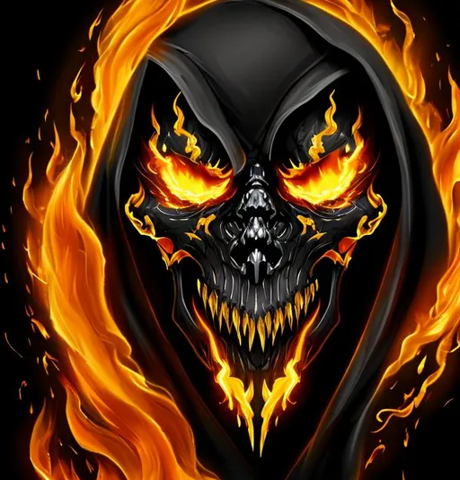 Prompt: Black and gold grim reaper face with fire in the background 