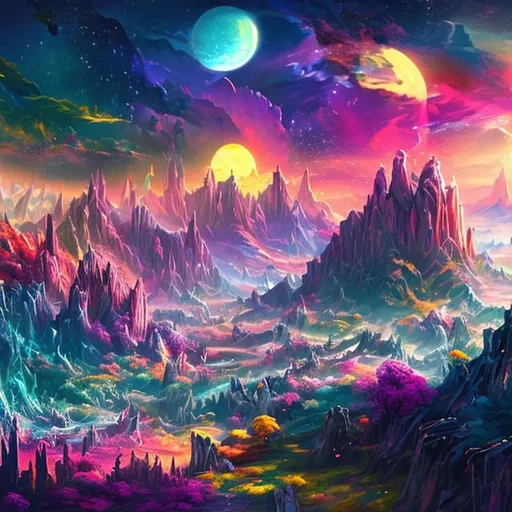 Prompt: colorful fantasy landscape 
first man view

