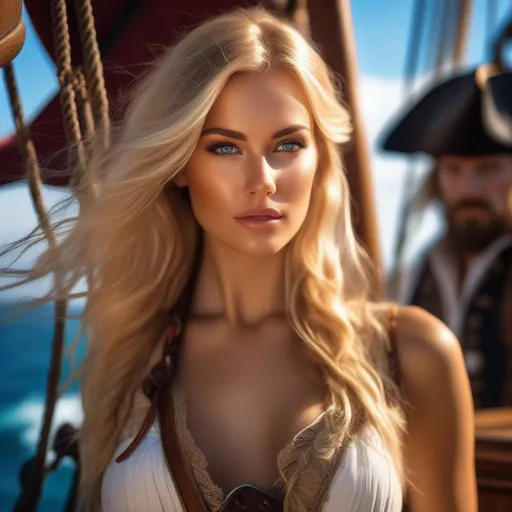 Prompt: beautiful blonde woman, (aboard a pirate ship:1.50), intense coloration fantasy, light hair, wearing pirate captain clothes, a stunning realistic photograph 20 years , hd , 8k, hyper realism, Very detailed, zoomed out view, full character in view, no cloths giantess Beautiful goddess realistic standing (nude)), detailed face, master piece random colored hair,  (jade ocean), mercury, random color eyes, full body, cover, hyperdetailed painting, luminism, octane render, Bar lighting,  complex, 8k resolution concept art portrait by Martina Fačková and Prywinko Art, Artgerm, WLOP, Alphonse Mucha, Tony Taka, fractal isometrics details, photorealistic face, hypereallistic cover photo awesome full color, hand drawn, bright, gritty, realistic color scheme, davinci, .12k, intricate. hit definition , Beethoven, masterpiece ((hyperdetailed eyes)), perfect body, perfect anatomy, beautifully detailed face, full body, highly detailed, digital painting, artstation, hyperrealistic, sharp focus, illustration, art by artgerm and greg rutkowski and alphonse mucha, 8k, pretty eyes, award-winning cgi, blender, headshot