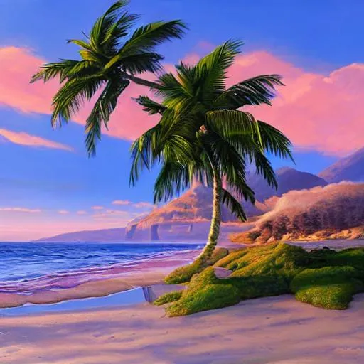 Prompt: A beautiful realistic detailed painting of a beach with a palm tree on a stunning warm day, soft sunrise lighting, John Howe, Andreas Rocha, unreal engine, popular on artstation, ultrawide angle, f16, polarizer filter,  8k, realistic, colerful