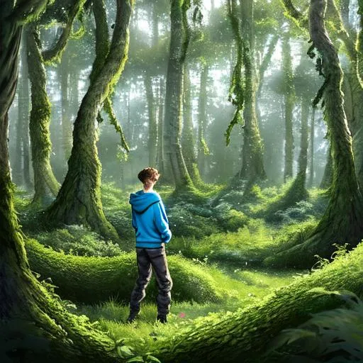 Prompt:  15 year old Boy with lightbrown hair wearing an unzipped knitted grayblue baggy hoodie black pants and lightbrown shoes close to foreground entering overgrown scandinavian forest garden surrounded by trees, thicket, trees with ivy, sigil carvings in trees, bottles in strings hanging from trees, art, concept art, cinematic lighting, hyperdetailed, great composition, professional, artstation award