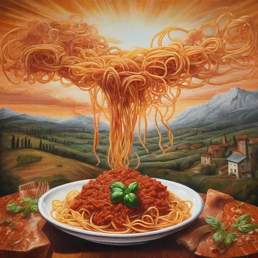 Prompt: a spaghetti bolognese transforms into a landscape, surrealistic painting