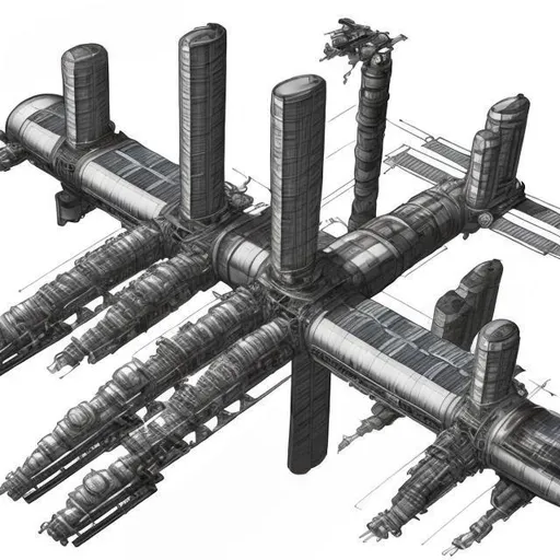 Prompt: draw me a space station the size of a large people that has the following sectors: residential, business, retail, warehousing, material refinement, and manufacturing