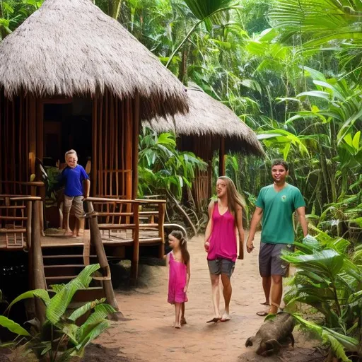 Prompt: families staying at a rainforest resort with free roaming animals