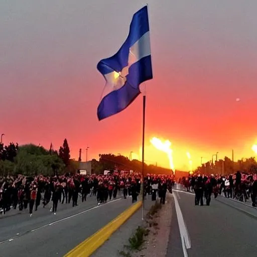 Prompt: a march of angry protestors on both sides of an empty highway during a red sunset, some lifting flags of israel, the rest raising their fists and torches into the air.