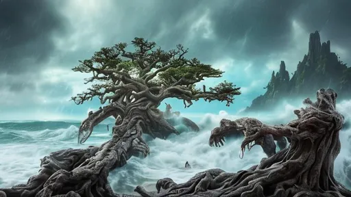 Prompt: Example 1: Title: The Unyielding Guardian
Recommended aspect ratio: 16:9
Prompt: (masterpiece, hyper-realistic, ultra high res, raw photo:1.4), majestic tree growing in the heart of the vast sea, (towering above the waves:1.2), ancient and weathered trunk, (gnarled bark and deep ridges:1.3), resilient roots stretching far beneath the surface, (withstanding crashing waves:1.2), (turbulent storm clouds:1.1), dramatic lighting illuminating the surroundings, (twisting branches reaching toward the sky:1.2), (lush green foliage:1.2), every leaf intricately rendered, subtle reflections on the water, awe-inspiring strength and unwavering endurance portrayed with unparalleled realism