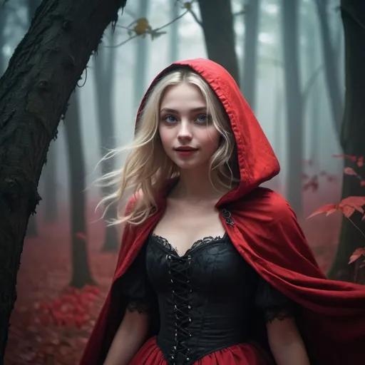 Prompt: Closeup view, Dark gothic forest, (foggy atmosphere), (dread-filled), (dark fairy tale horror), contrasting bright slim cute 18-year-old young woman, (colorful little red riding hood outfit), blonde hair flowing, (innocent smile), surrounded by twisted trees and enveloping shadows, haunting mist swirling around her, ethereal light breaking through the dense canopy, illustrating a surreal yet charming juxtaposition, (highly detailed) and (cinematic lighting).