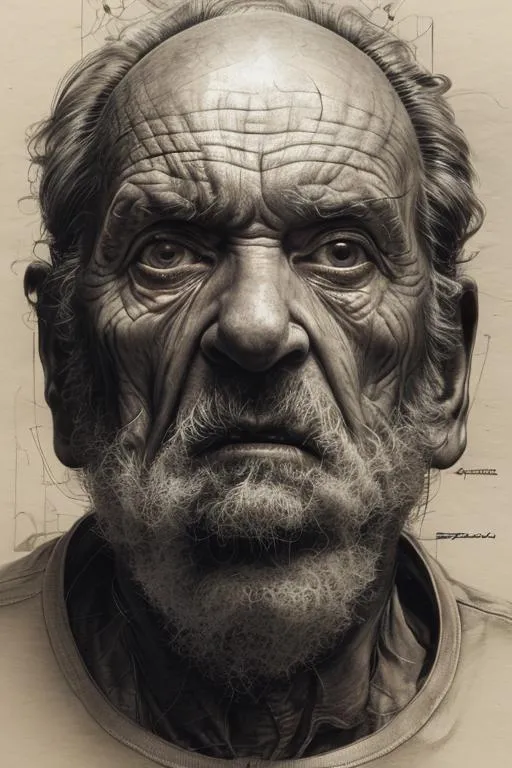 Prompt: intricate pencil sketch face mugshot of a of a very old Spanish man with wrinkles space pilot on craft paper: Tom Bagshaw, Zdzislaw Beksinski, Yoshitaka Amano, Raffaello Ossola, Martin Wittfooth, Luigi Spano, Vladimir Kush :: stunning interpretive visual