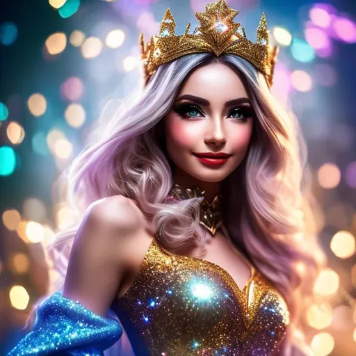 Prompt: fantasy girl magician using magic, beautiful eyes, masterpiece, best quality, lighting, highly detailed, goddess of love, smile gesture, shiny, glittering, brilliant color, sparkle, glitter showering down, spotlight shine, glow effect, bokeh, illuminated,trending on artstation