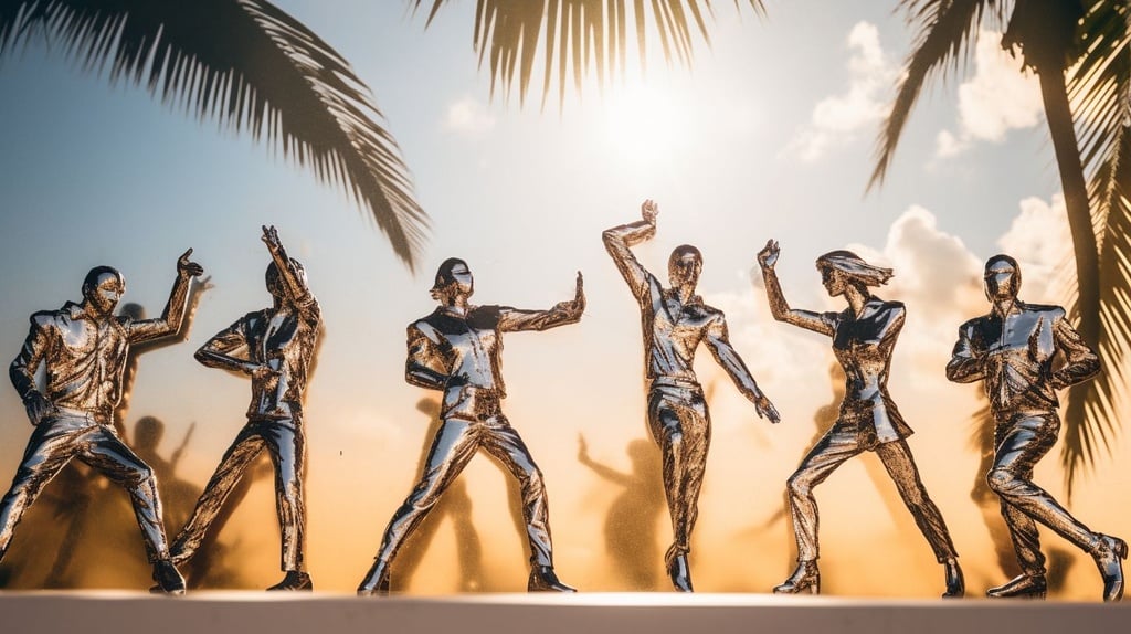 Prompt: metallic sticker figurines having a shoot out in metallic miami beach, hot tropical summer vibes