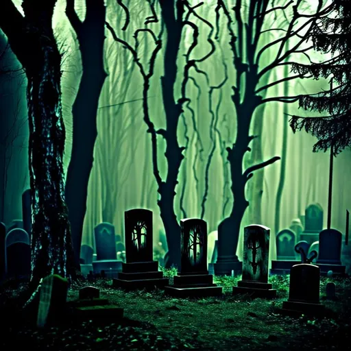 Prompt: forest, graveyard, sinister, creppy, dark, hell
