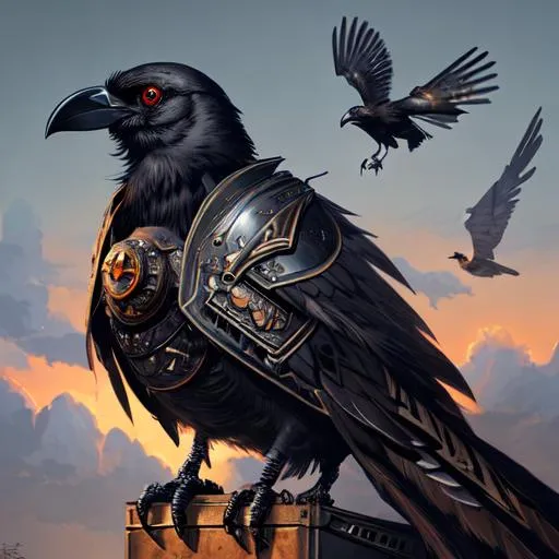 Prompt: ecopunk anthropomorphic crow in battle armor, on sky Zeppelin, Artstation illustrators, intricate details, face, full body portrait, dim light, illustration, UHD, 4K, sundown