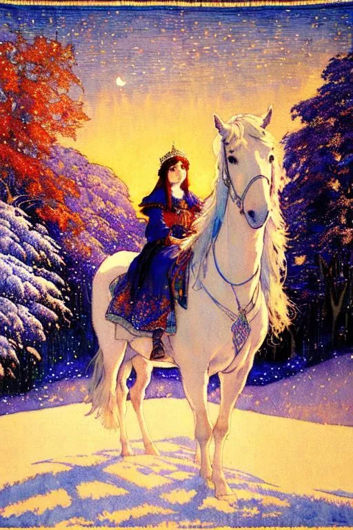 Prompt: Inlay Aubusson tapestry: a winter enchanted beautiful princess and her white horse, a whimsical village landscape background under a beautiful twilight night sky art by Carlos Schwabe, Edmund Dulac, Iris Scott, John Lowrie Morrison, Thomas Edwin Mostyn, Gustav Klimt, John Piper, William Timlin, John Bauer. 3/4 portrait, beautiful pastel aquarelle colours, crispy quality, cinematic smooth, polished finish, high quality, very clear resolution, blue, gold and rose tones, metallic glow