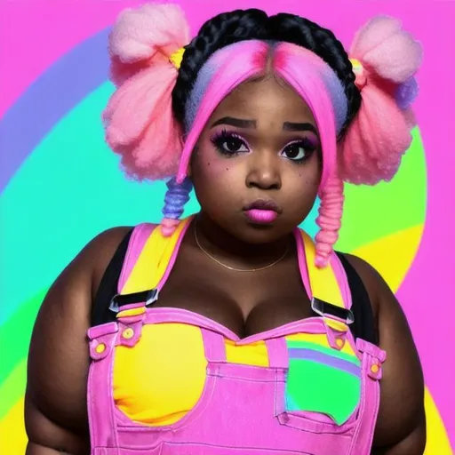 Prompt: cute plump black woman with neon pink pigtails and pink eyes wearing rainbow overalls