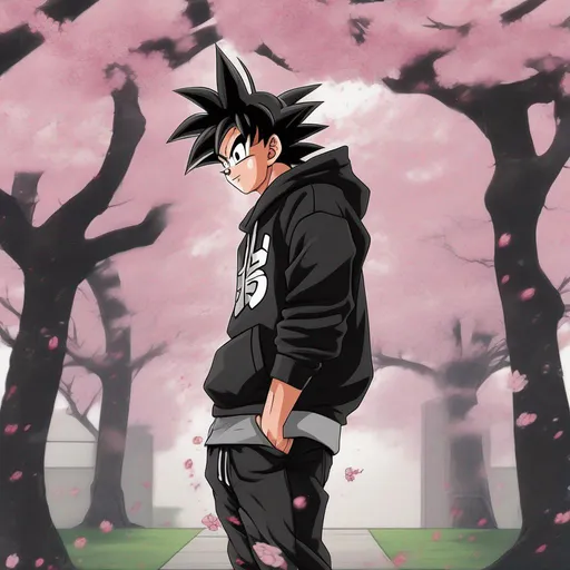 Prompt: Goku, wearing a black hoodie, with black jeans, and cherry blossoms blowing in the wind