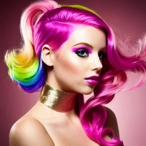 Prompt: pretty girl with pink hair, with pink and gold color scheme,  futuristic fashion, pink lips, rainbow hair

