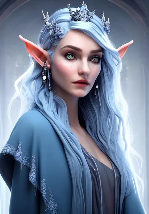 Prompt: elf sorceress, silver hair and blue silvery skin, wearing a robe, beautiful with piercings