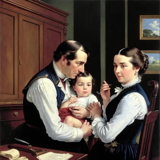 Prompt: Anna Long Severance hands her baby boy Louis to her father, Dr. David Long, circa 1840, eye contact, wide angle, F:8.0, very detailed illustration in the style of Adolph menzel, James gurney, Norman rockwell