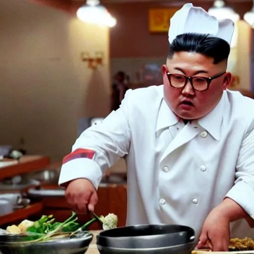 Prompt: Kim jong un as a fat, female chef
