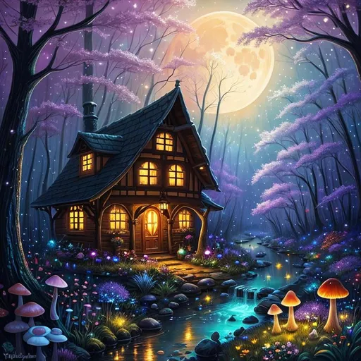 Prompt: Disney style, moon, forest, flowers, nighttime,  fairy cottage, mushrooms, bubbling stream, galaxy, art, painting, sweet, fireflies, spooky dark forest