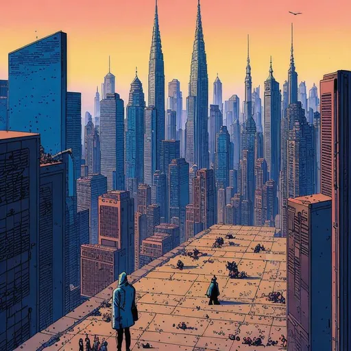 Prompt: Loneliness in an endzeit city inspired by the arts of moebius