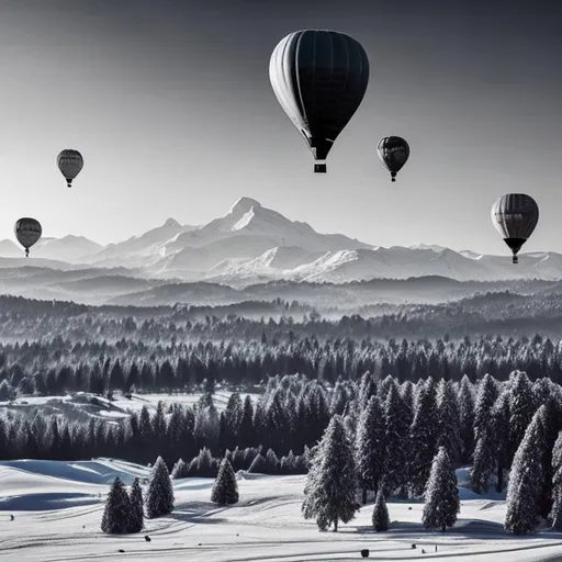 Prompt: A black and white winter landscape with fir trees and mountains, and several colorful hot air balloons flying in formation above.