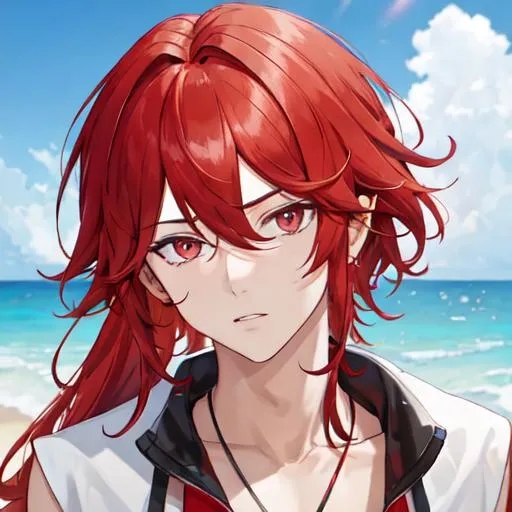 Prompt: Zerif 1male (Red side-swept hair covering his right eye) at the beach, 8k, UHD, highly detailed, insane detail