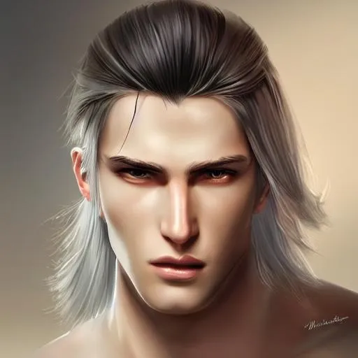 Prompt: realistic and symetric male, Greek nose, white skin, very long platinum hair, smooth soft skin, deep ocean color eyes, soft lighting, detailed face, muscular body, concept art, digital painting.