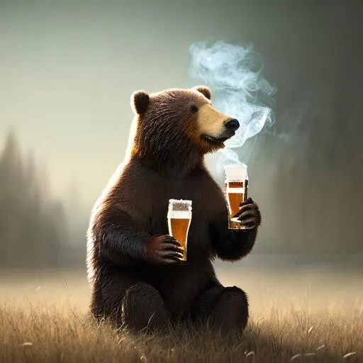 Prompt: Bear drinking beer and smoking