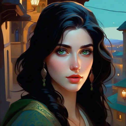 Prompt: Third person, gameplay, Georgian girl, pale skin, black hair, green eyes, Tbilisi at night, cold blue atmosphere, cartoony style, extremely detailed painting by Greg Rutkowski and by Henry Justice Ford and by Steve Henderson 