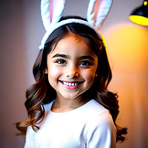 Prompt: Girl Child with white bunny ears, Soft studio lighting, smiling, cute, realistic 