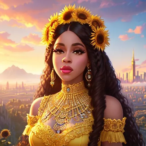 Prompt: Cardi. B, Hyper realistic, detailed face,battlefield ethereal  yellow  lace royal princess short skirt dress, floating city in background, jewelry set, straight super long hair, sunflowers and mountains  in the background, royal vibe, highly detailed, digital painting, HD quality, brown skin, artgerm, by Ilya Kuvshinov 