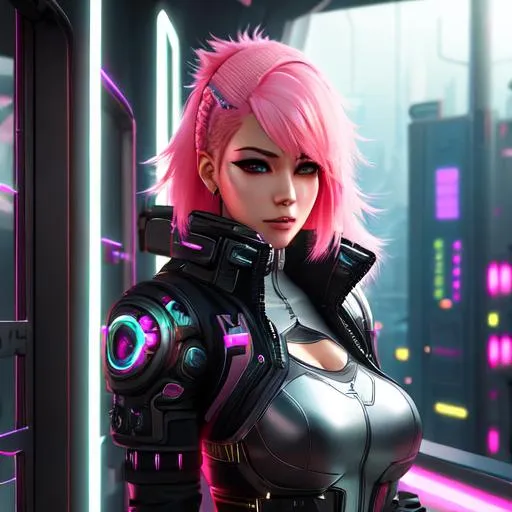 Prompt: Cyberpunk female cyborg, many prosetitics, beautful design,  high quality,  atmospheric lighting,  dynamic posing, gritty environment, shaved pink hair,8k eyes,  high resolution image,  UHQ, concept art,  kpop, shaved hair, (((full body view)))