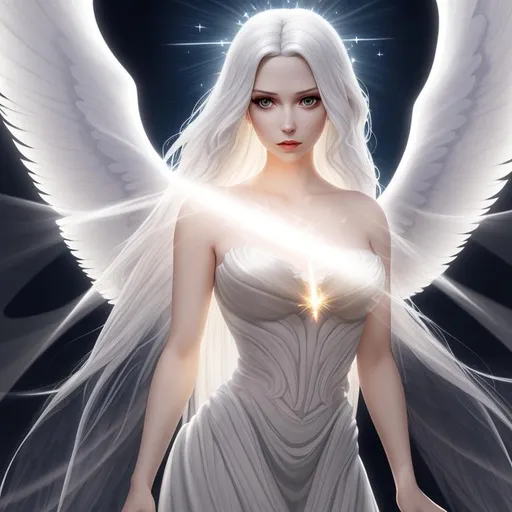Prompt: bust of a beautiful dark angel in the style of Pixar with a long flowing gown and white hair, sunshine, two clear wings, light beams, sparkle, digital art, smooth lighting, fireflies, stars, backlit