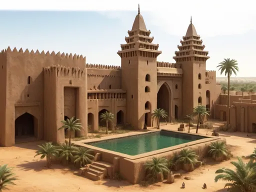 Prompt: Fantasy Illustration of the great mosque of Djenné in Mali, entire structure, garden with a well and palms, birdview, immersive world-building, high quality, detailed, epic scale, fantasy, game style, vibrant colors, atmospheric lighting, ancient african city background