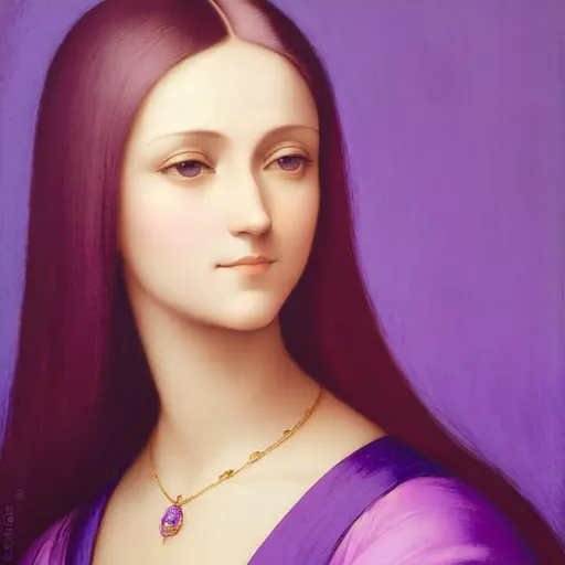 Prompt: A portrait of a woman in the style of Leonardo De Vinci wearing purple c!othes, pastel background