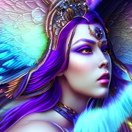 Prompt: female goddess with {iridescence} wings, purple hair, perfect body, muscle woman, perfect face, dusky skin, {god like}, photo realistic, unreal engine, intricate detail, splash screen, solar {plasma} wave