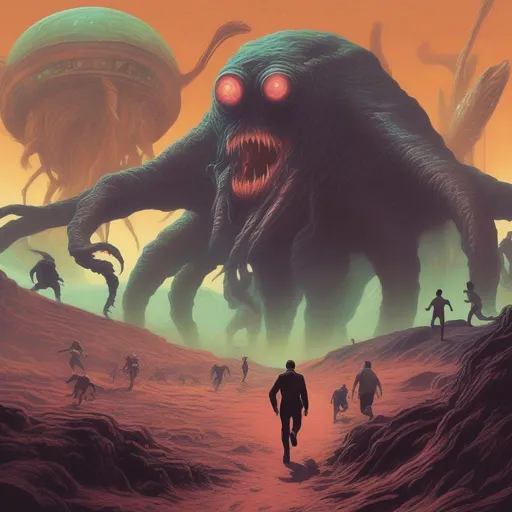 Prompt: Retro futurism, lovecraftian horrors, distant planet, distant primal world, people running from monster