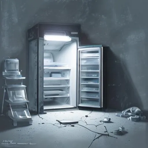 Prompt: A fridge, Slightly opened fridge door, light coming from the opening, basement, room, concrete floor, dark lighting, spooky, masterpiece, best quality, ultra-detailed, Breathtaking, symmetrical, soft lighting, by makoto shinkai, stanley artgerm lau, wlop, digital painting