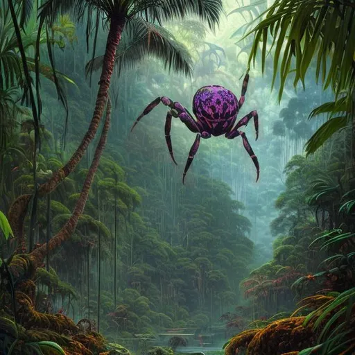 Prompt: Landscape painting, lush and dark jungle, a palm-sized colorful spider, dull colors, danger, fantasy art, by Hiro Isono, by Luigi Spano, by John Stephens