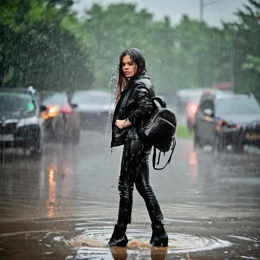 Prompt: girl which is with leather jacket and pants black leather crocodile Backpack is in heavy rain with Very intensive showering